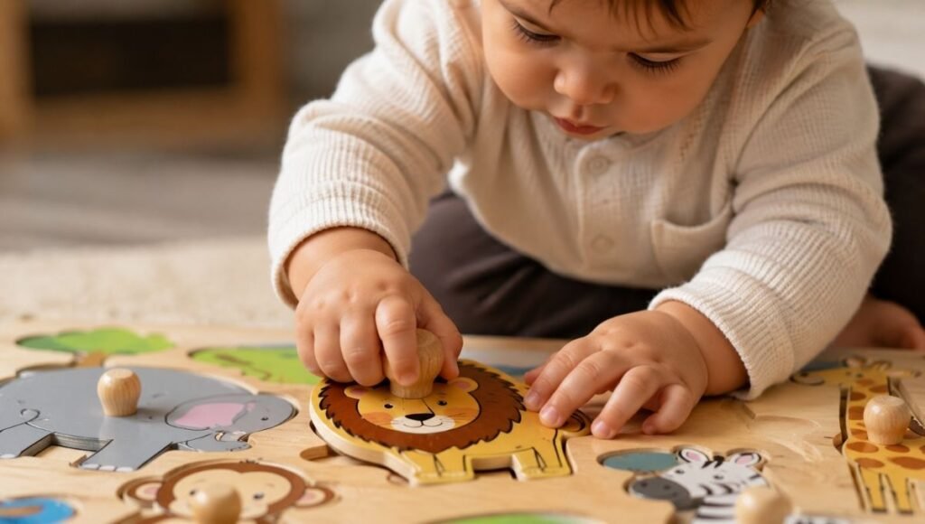 Close-up of a 15-month-old baby's hands carefully gripping the wooden knob on a colorful animal puzzle piece attempting to place it in a wooden tray puzzle