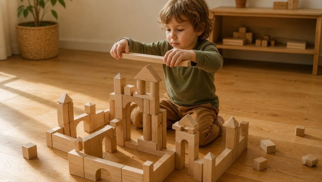 A 3-year-old child carefully placing a wooden unit block onto a complex structure of arches and towers built from natural wood-toned blocks on a wooden floor