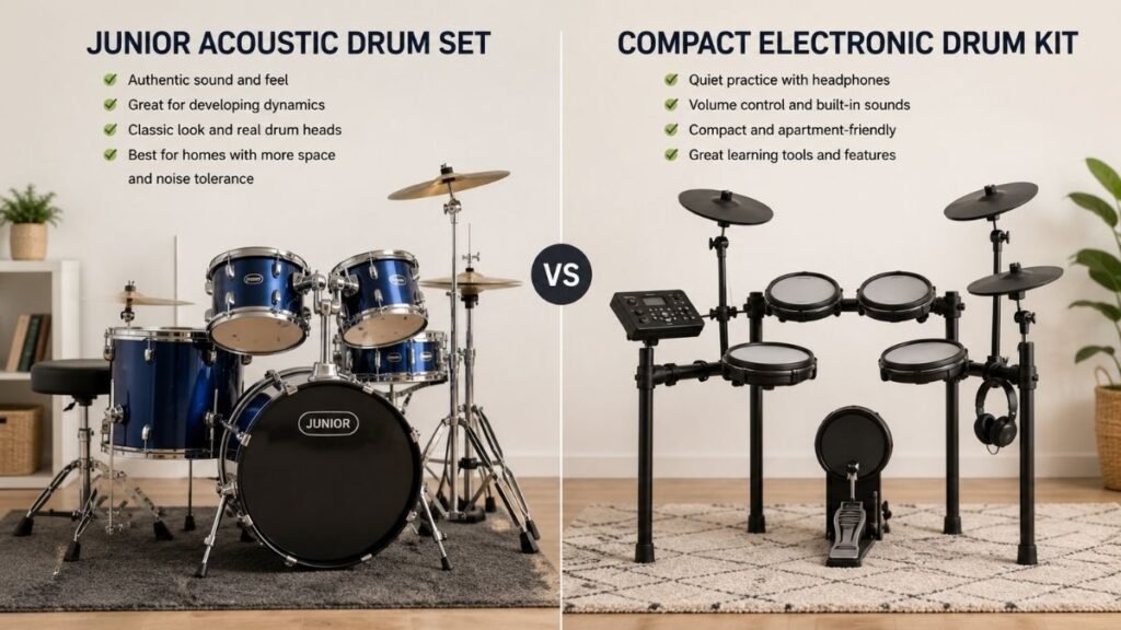 Acoustic kids drum set beside an electronic drum kit for beginner comparison
