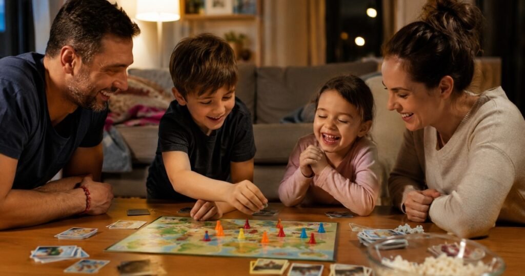 A family of four with two children aged 4 and 7 sitting around a wooden coffee table laughing and playing a colorful board game together on family game night