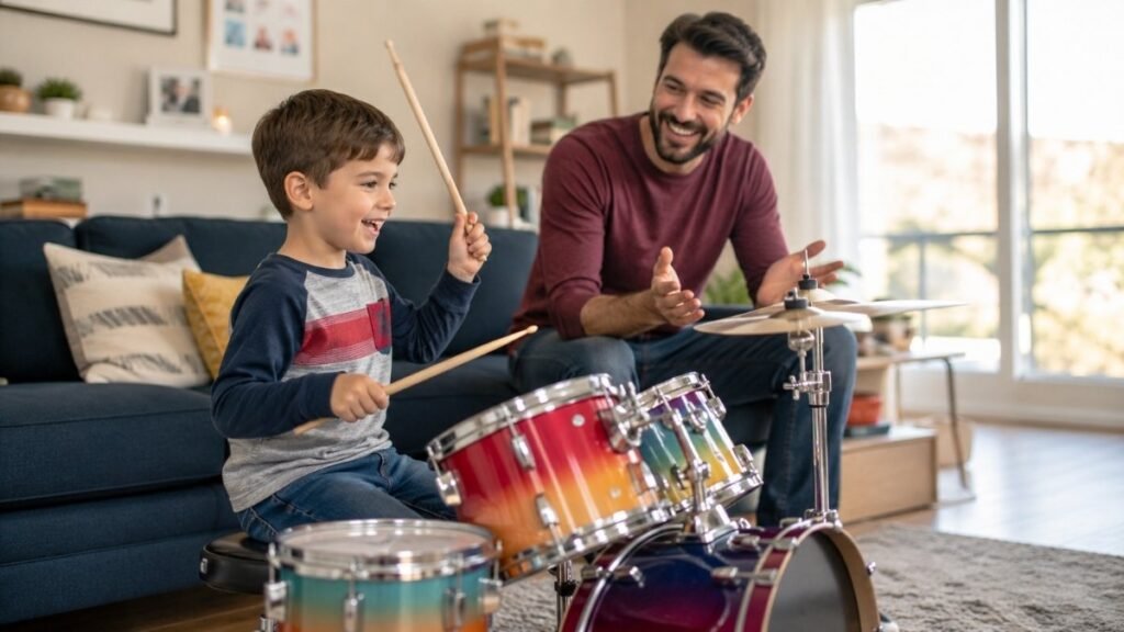 Young child playing a beginner kids drum set at home with parent nearby