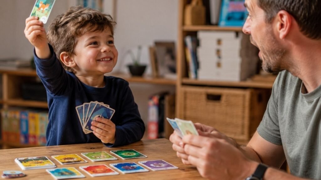 A 5-year-old child holding cards in a game and wearing a huge proud smile after a clever play while a parent looks genuinely impressed across a wooden table