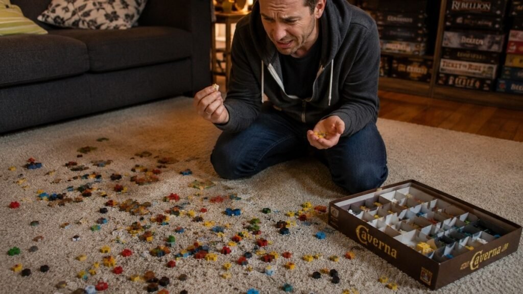 A parent kneeling on the living room floor looking exasperated while sorting through dozens of tiny scattered board game pieces with an open game box with many labeled compartments nearby