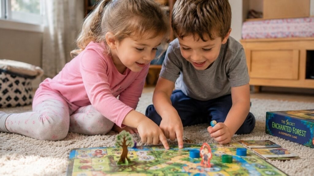 Two young children aged 4 and 6 sitting side by side leaning forward together with excited expressions while cooperating on a colorful board game