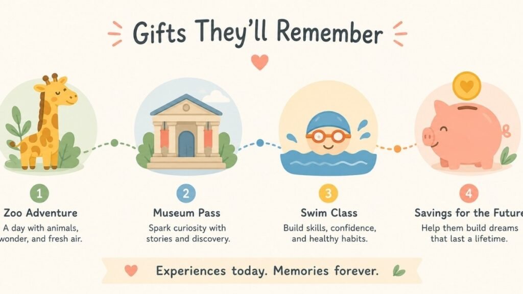 Timeline illustration of experience gift ideas for toddlers such as memberships and classes	