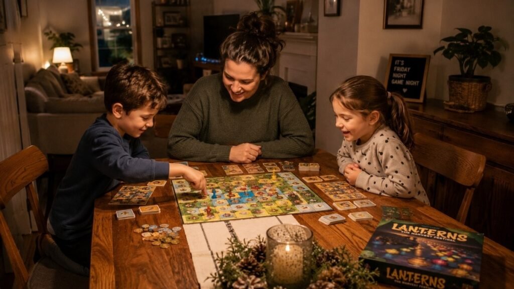 Two children aged 5 and 8 sitting at a dining table with a parent all genuinely absorbed in a board game under warm overhead light in the cozy atmosphere of a weekly family game night