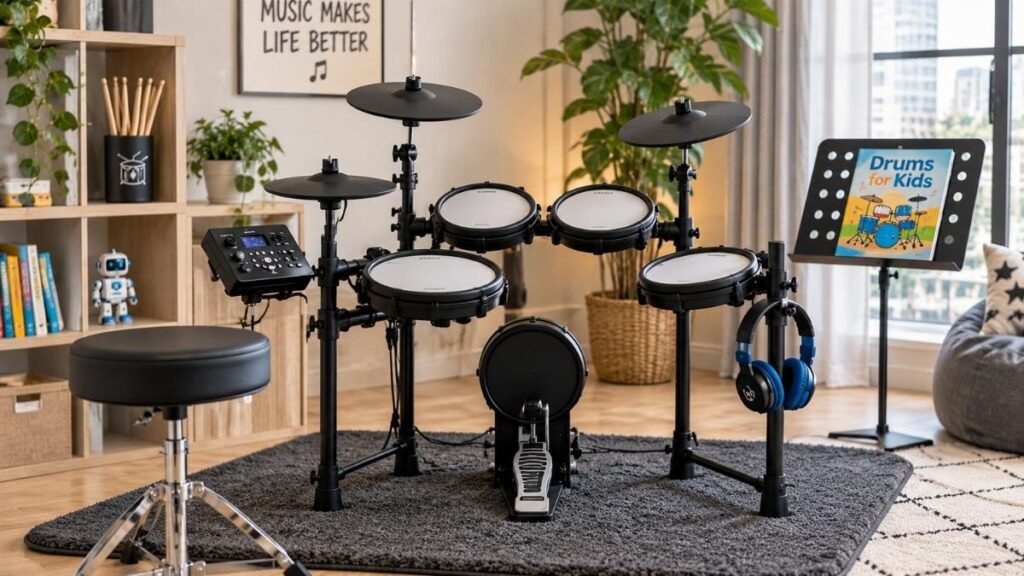 Electronic kids drum set with headphones and isolation mat for quiet practice