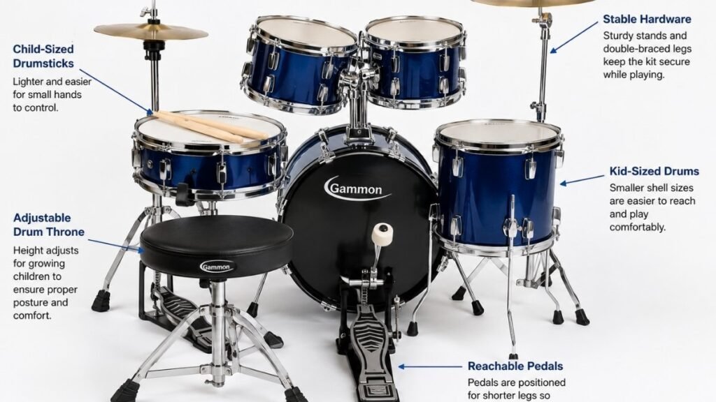 Close-up of a beginner kids drum set showing adjustable throne, pedals, sturdy hardware, and drumsticks