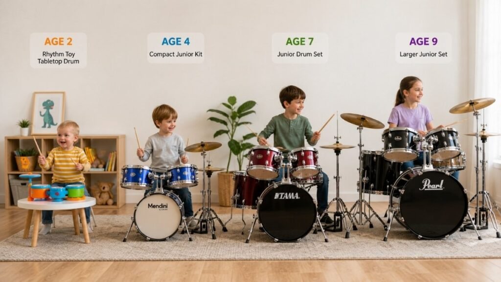 Children of different ages using appropriately sized beginner drum sets