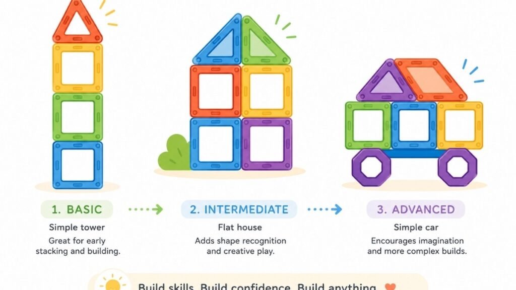Illustration showing creative ways toddlers can build and play with magnetic tiles	