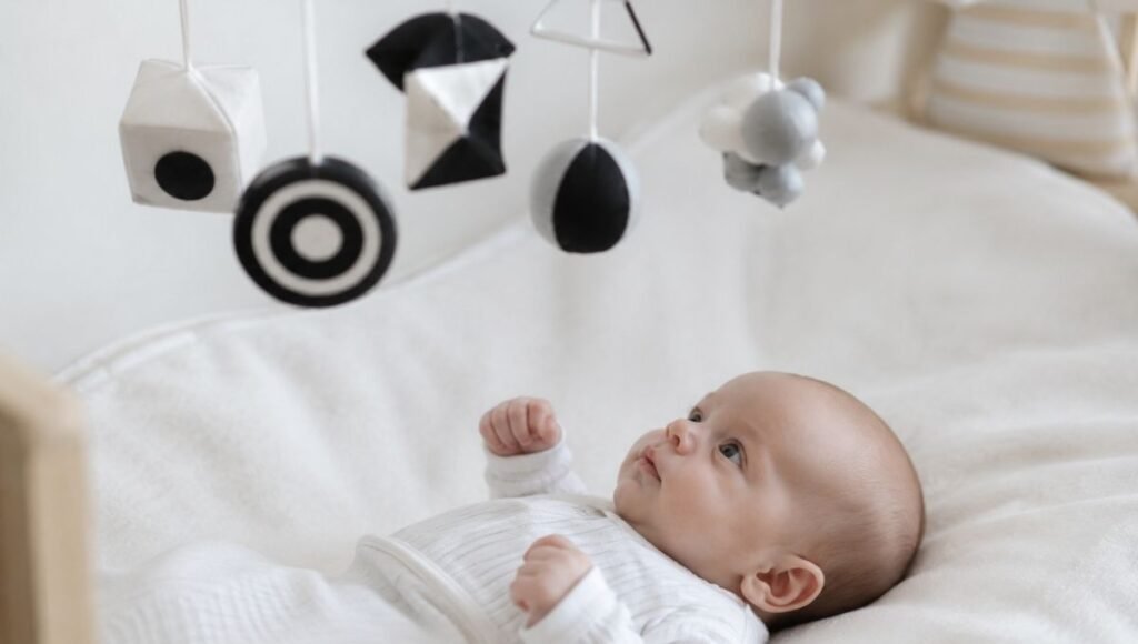 A newborn baby lying on a white blanket gazing up with wide alert eyes at a simple black and white Munari-style Montessori mobile hanging at close range in a peaceful nursery