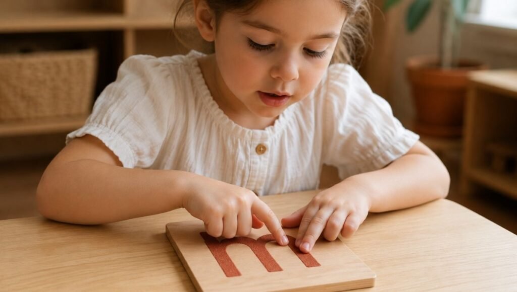 A 5-year-old child using two fingers to carefully trace a sandpaper letter mounted on a wooden tile with lips slightly moving at a small wooden desk