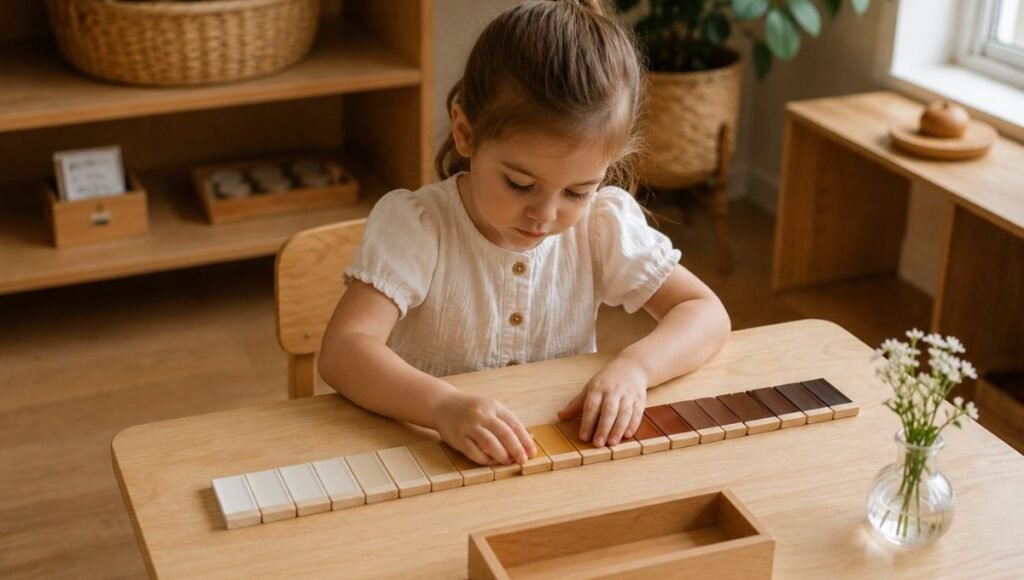 A 4-year-old child carefully sorting and grading smooth wooden color tablets from lightest to darkest at a low wooden table with a deeply focused calm expression