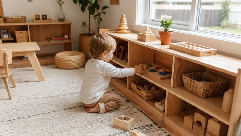A 2-year-old toddler independently selecting a wooden puzzle from a low Montessori-style shelf with neatly arranged natural materials in a warm calm playroom