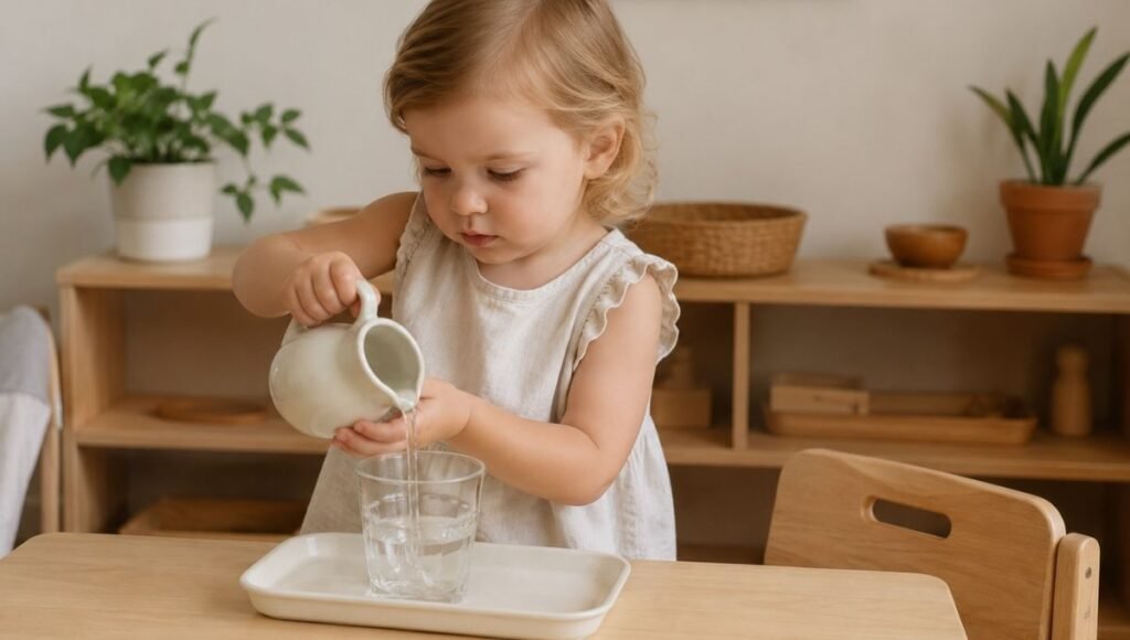 A 2-year-old toddler carefully pouring water from a small child-sized ceramic pitcher into a glass with focused concentration at a wooden table with a tray underneath