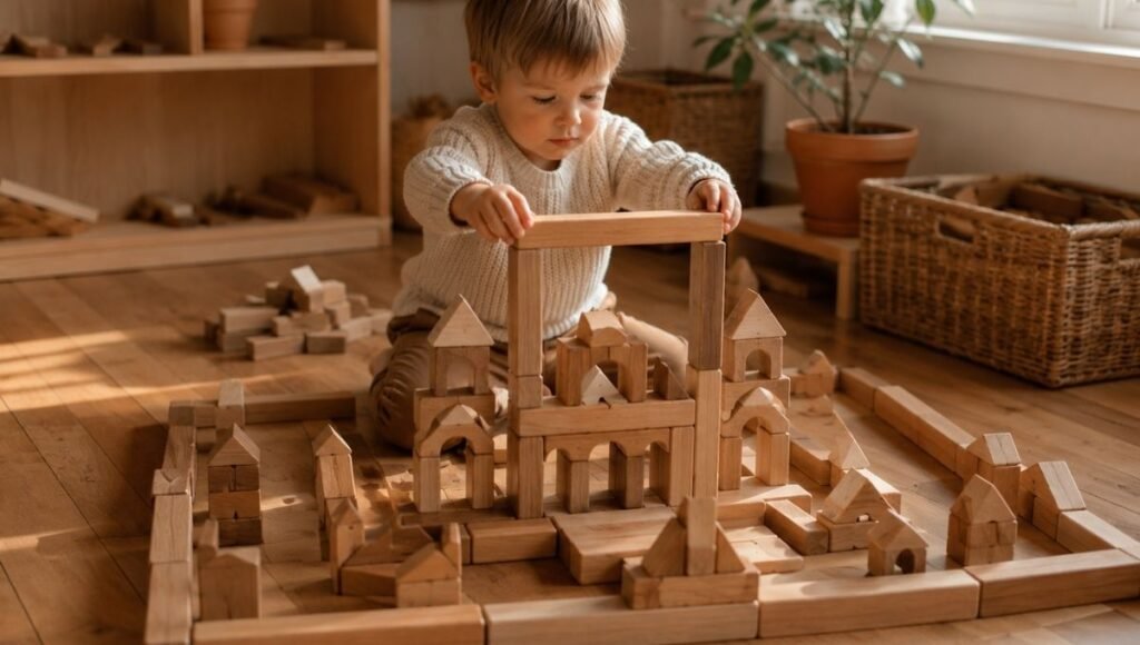 A 3-year-old child carefully placing a wooden unit block onto a complex symmetrical structure of arches and towers built from natural-toned wooden blocks on a wooden floor