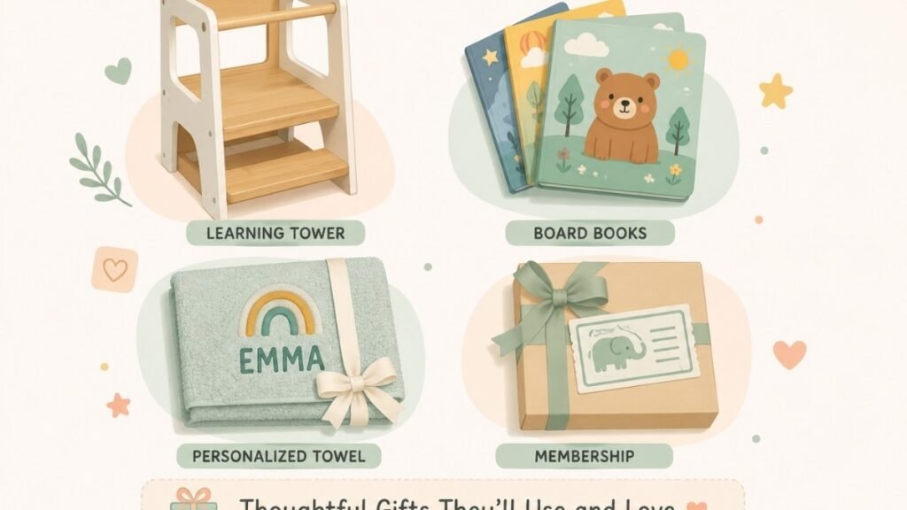 Flat-lay style illustration of practical non-toy gift ideas for toddlers including a learning tower and books	