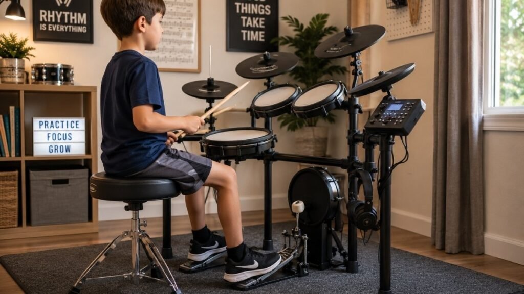 Properly adjusted kids drum set positioned for comfortable beginner practice