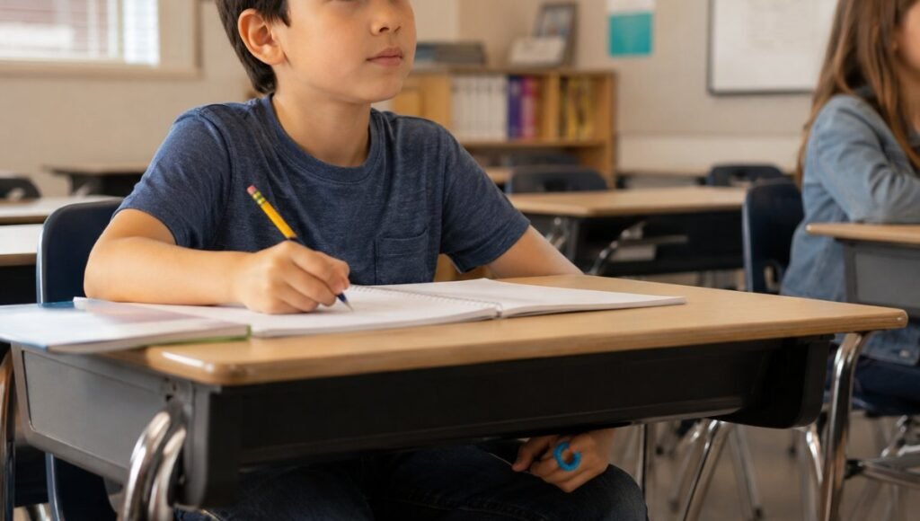 A 7-year-old child sitting at a classroom desk writing while discreetly turning a small silicone fidget ring on their finger under the desk with an attentive calm expression