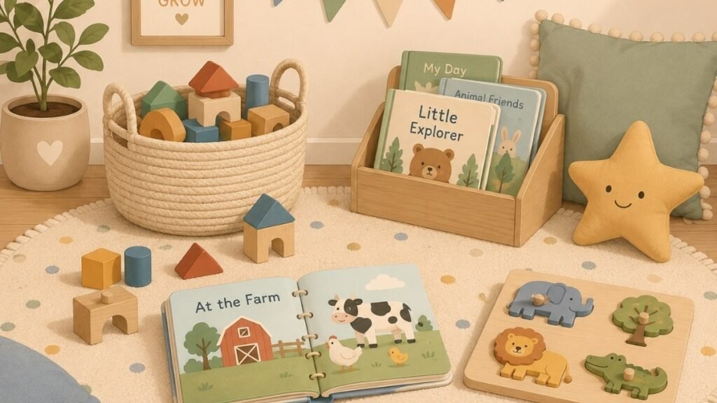 Illustration of a cozy, quiet play setup for independent toddler play without screens	
