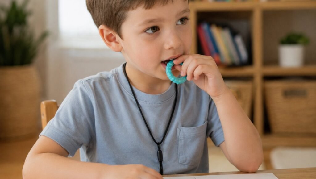 A 5-year-old child wearing a colorful silicone chew pendant on a lanyard reaching up to mouth it naturally while sitting calmly at a table working on an activity