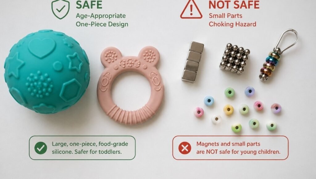 Flat lay overhead showing age-appropriate sensory toys for toddlers including a large silicone sensory ball and teether contrasted with small magnetic components and tiny fidget beads that are not safe for young children