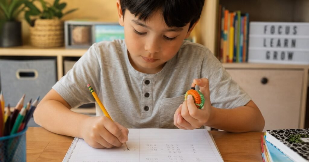 A 6-year-old child sitting at a wooden desk writing in a notebook while quietly squeezing a colorful silicone sensory fidget ring on their finger with a calm focused expression