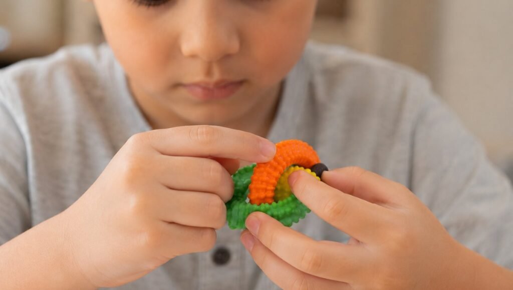 Close-up of a child's hands pressing fingers into the bumpy textured surface of a small colorful silicone sensory fidget toy with focused tactile exploration