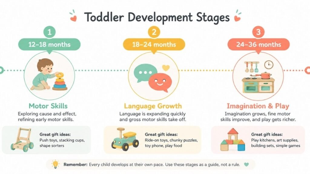 Timeline chart of toddler developmental milestones from 12 to 36 months matched to gift types	