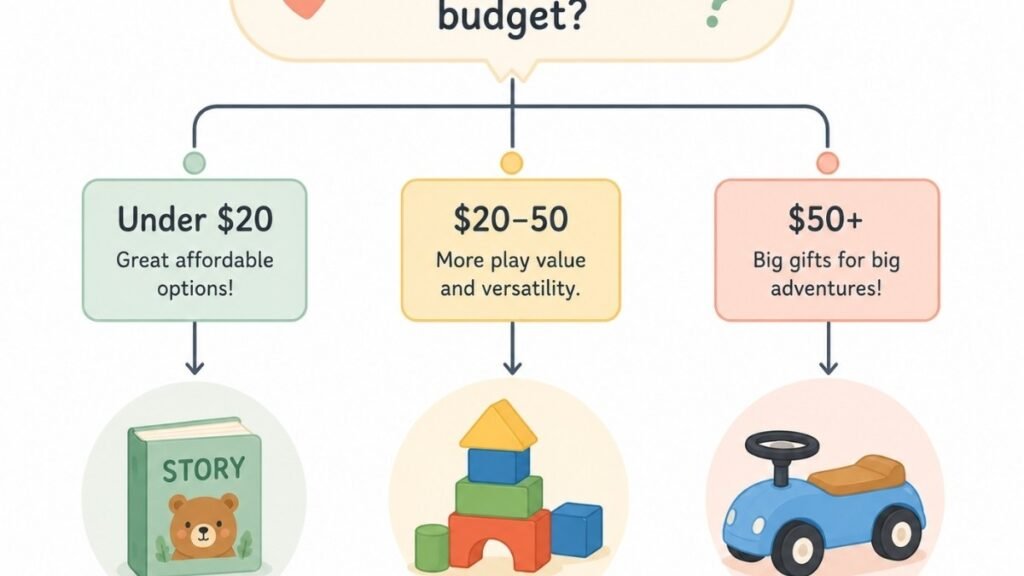 Decision tree infographic helping parents choose toddler gifts based on budget range	