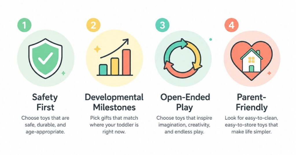 Infographic showing 4 golden rules for choosing safe, educational toddler gifts