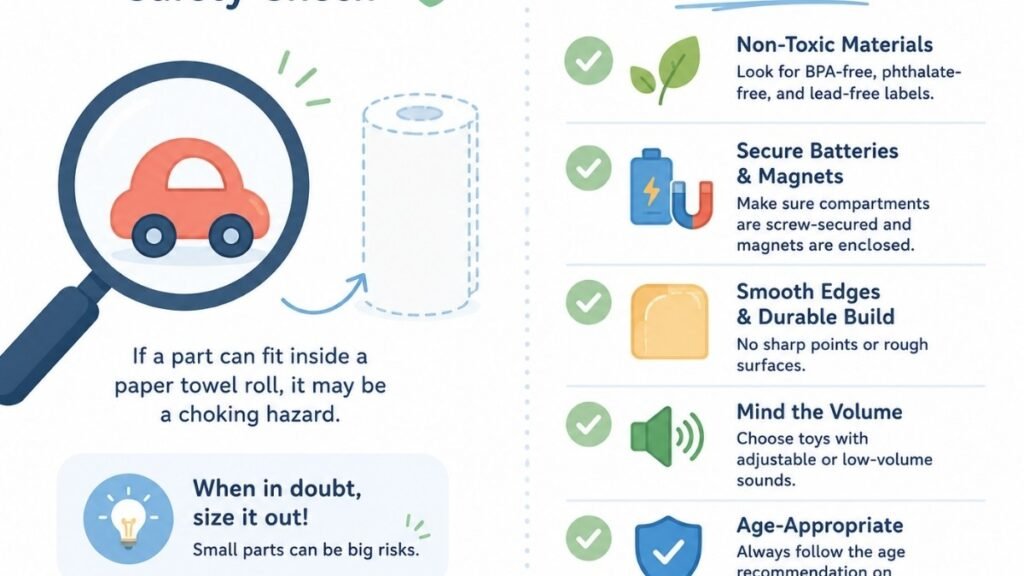 Visual safety checklist showing how to inspect toddler toys for choking hazards and safety compliance	