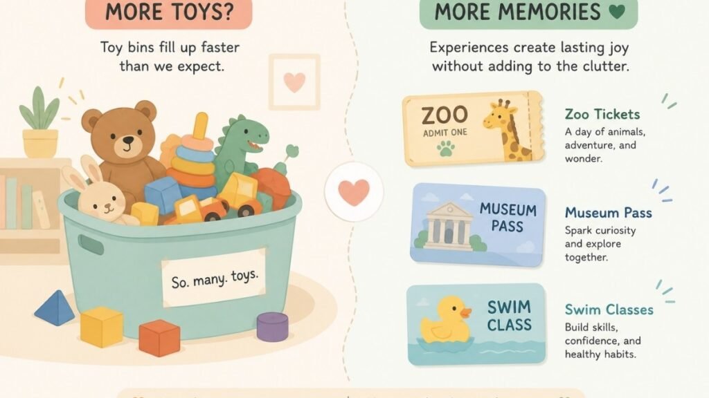 Side-by-side comparison illustration of traditional toy gifts versus experience gifts for toddlers	