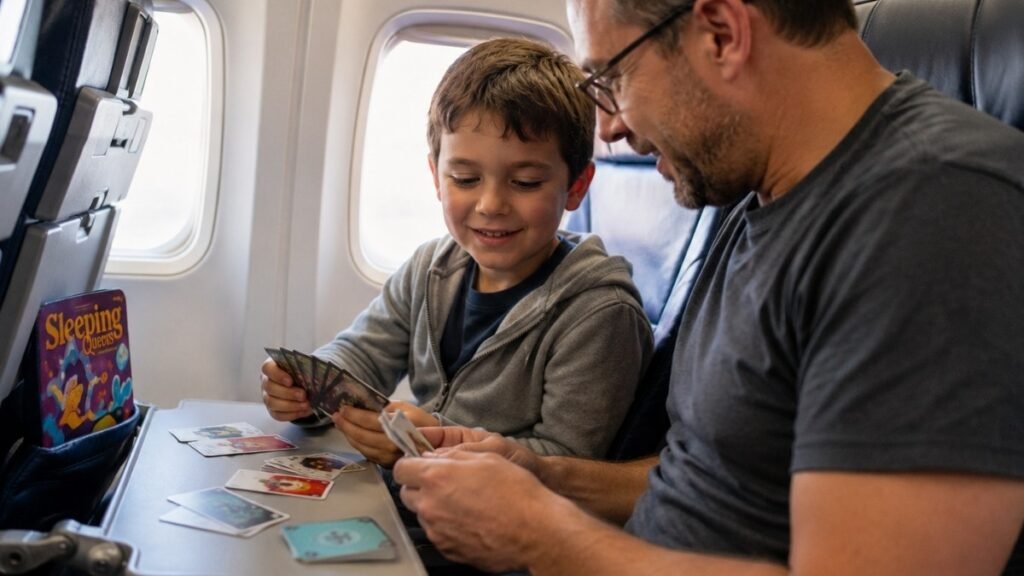 A child and parent sitting in airplane seats playing a compact card game on the fold-down tray table with a small colorful card game box visible in the seat pocket