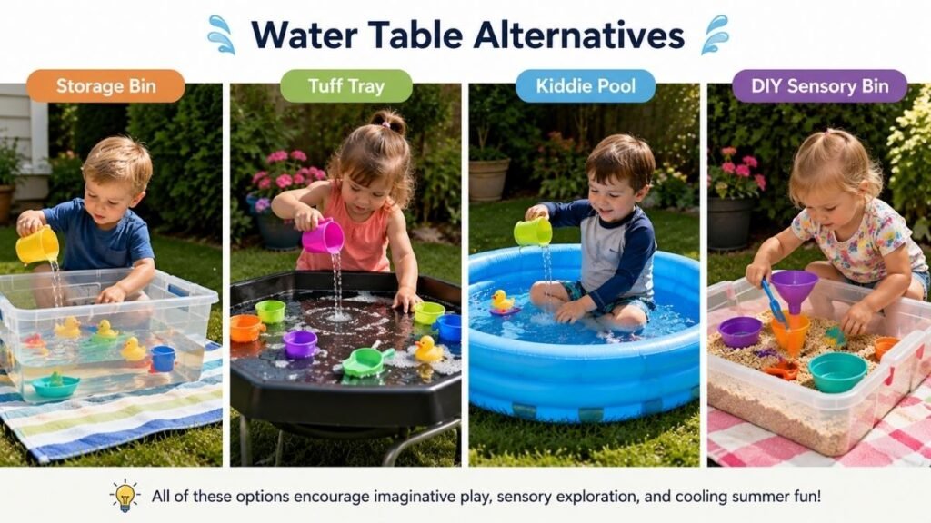 DIY sensory play alternatives including storage bin, tuff tray, and kiddie pool