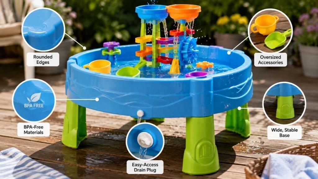Close-up of important water table features including a stable base and drain plug