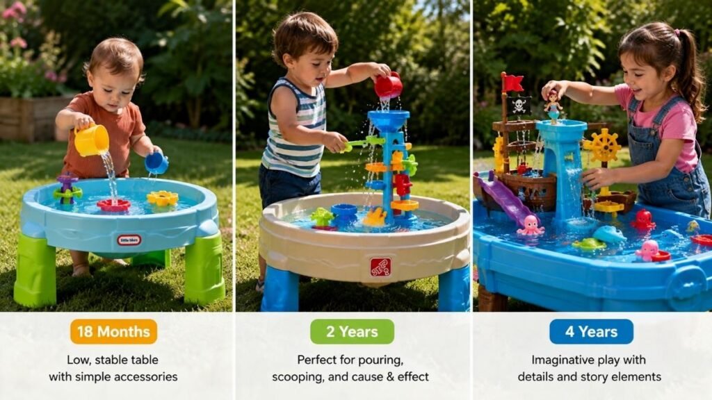 Children of different ages enjoying age-appropriate water tables