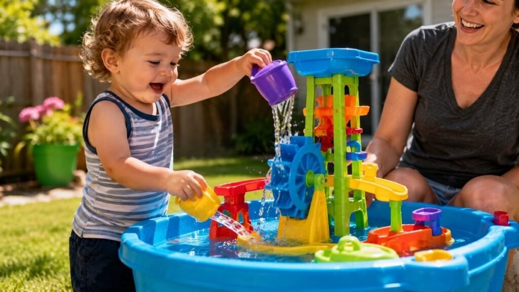 Toddler playing with a colorful outdoor water table in a sunny backyard