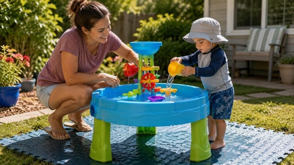 Parent supervising a toddler playing safely at a water table